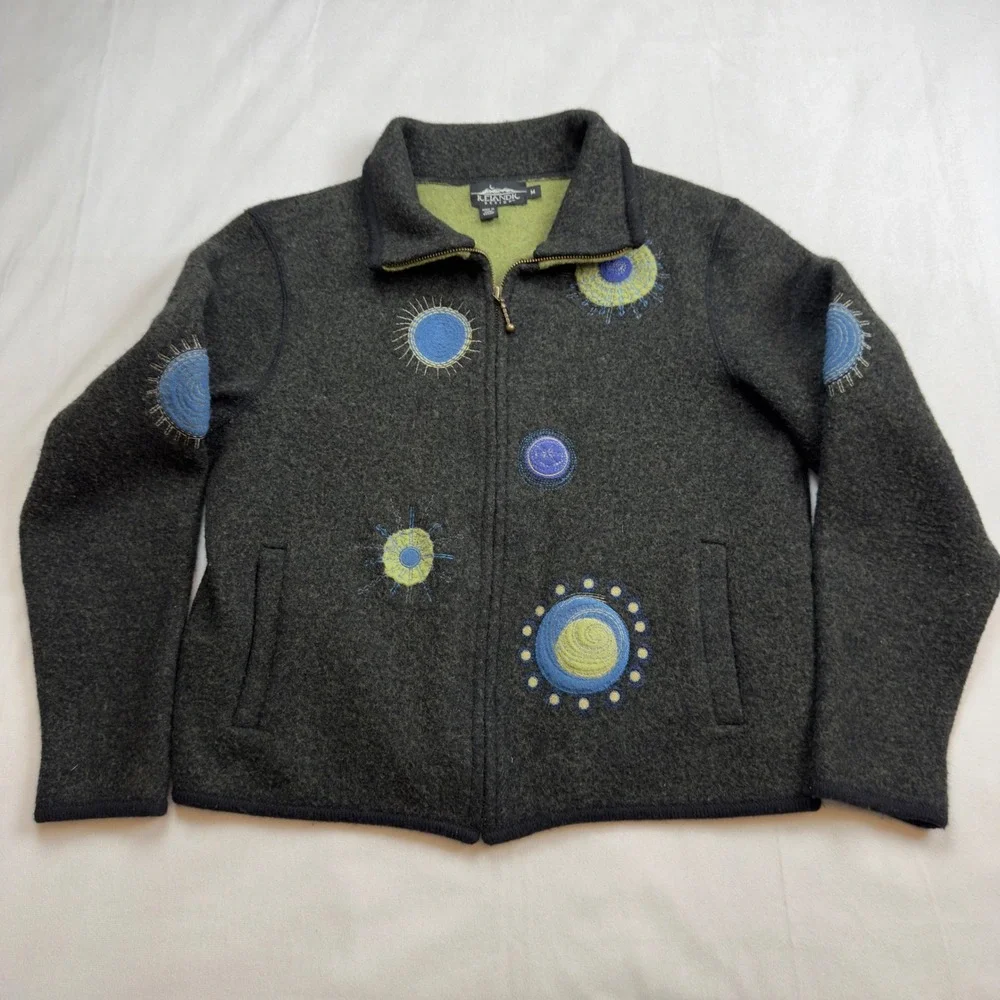 Icelandic Design Wool Blend‎ Embroidered Zip Front Jacket Women's Medium Gray